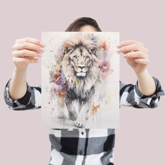 Watercolor Lion With Flowers Portrait Wall Art Illustration Print Unframed - Picture 4 of 6